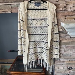 PAPER CRANE S LONGLINE OPEN FRONT CARDIGAN HOOD FRINGE STRIPES TAN BLUE PINK